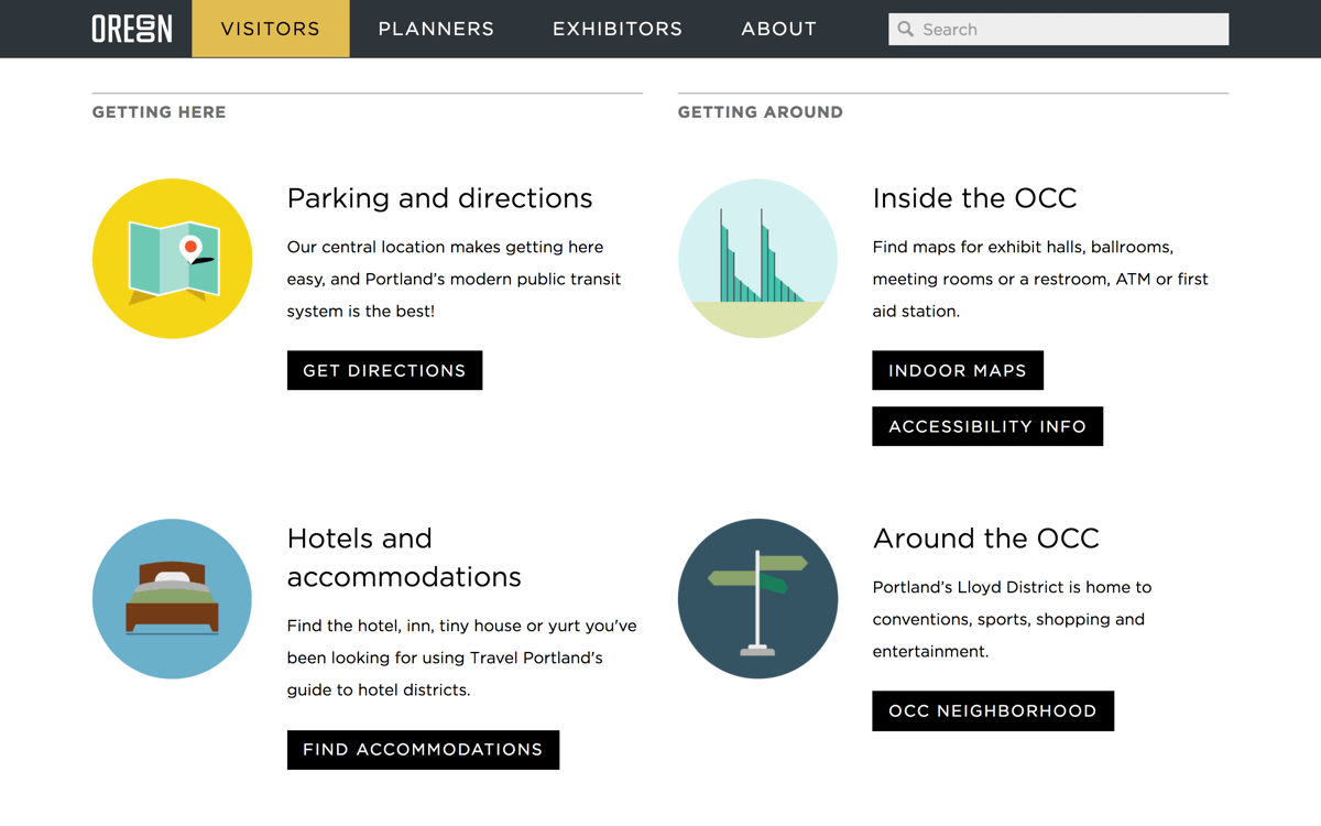 Elements of Oregon Convention Center website’s visitors landing page