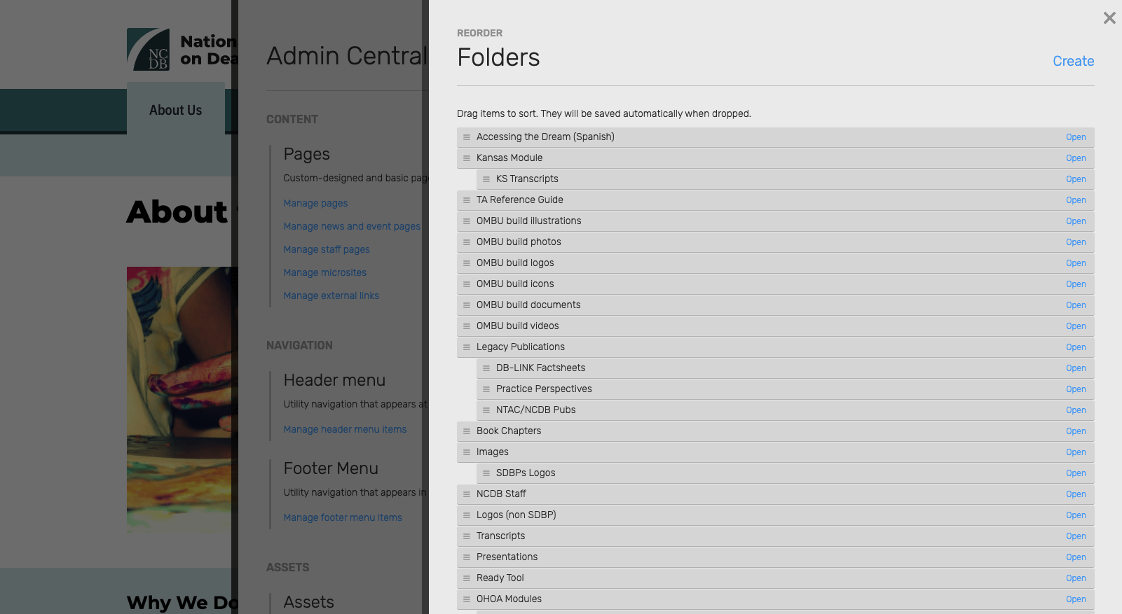 Screenshot of the asset folder editing interface, with drag-and-drop list of folder names