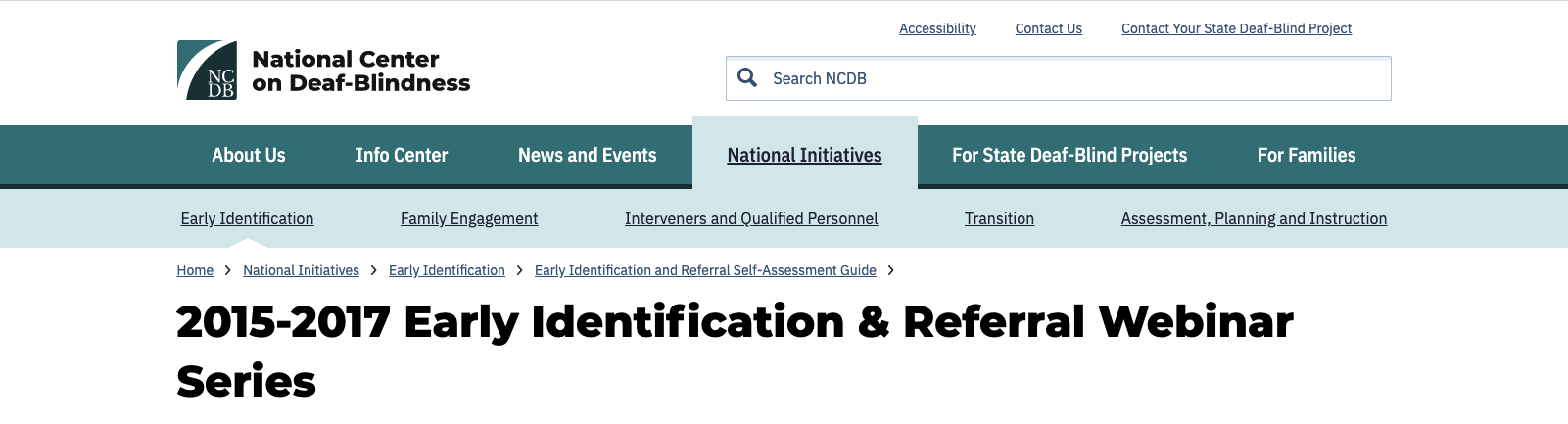 Screenshot of a subpage of the NCDB National Initiatives site section, showing breadcrumb navigation