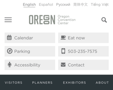 Elements of Oregon Convention Center website’s smartphone navigation